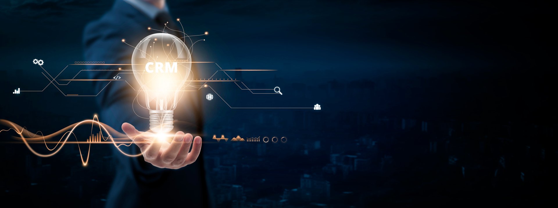 CRM: Businessman Holding Creative Light Bulb with Digital Networking and CRM. Customer Relationship Management, Data Analysis, Customer Engagement, on Blue City Background.
