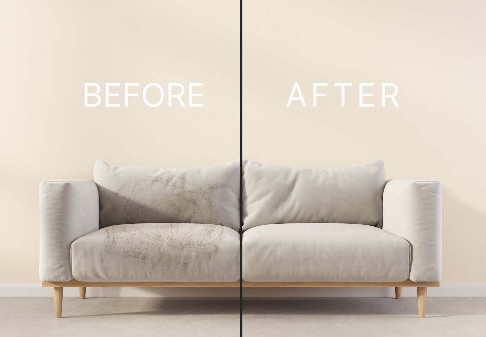 Dirty and clean sofa before and after dry. 3d illustration
