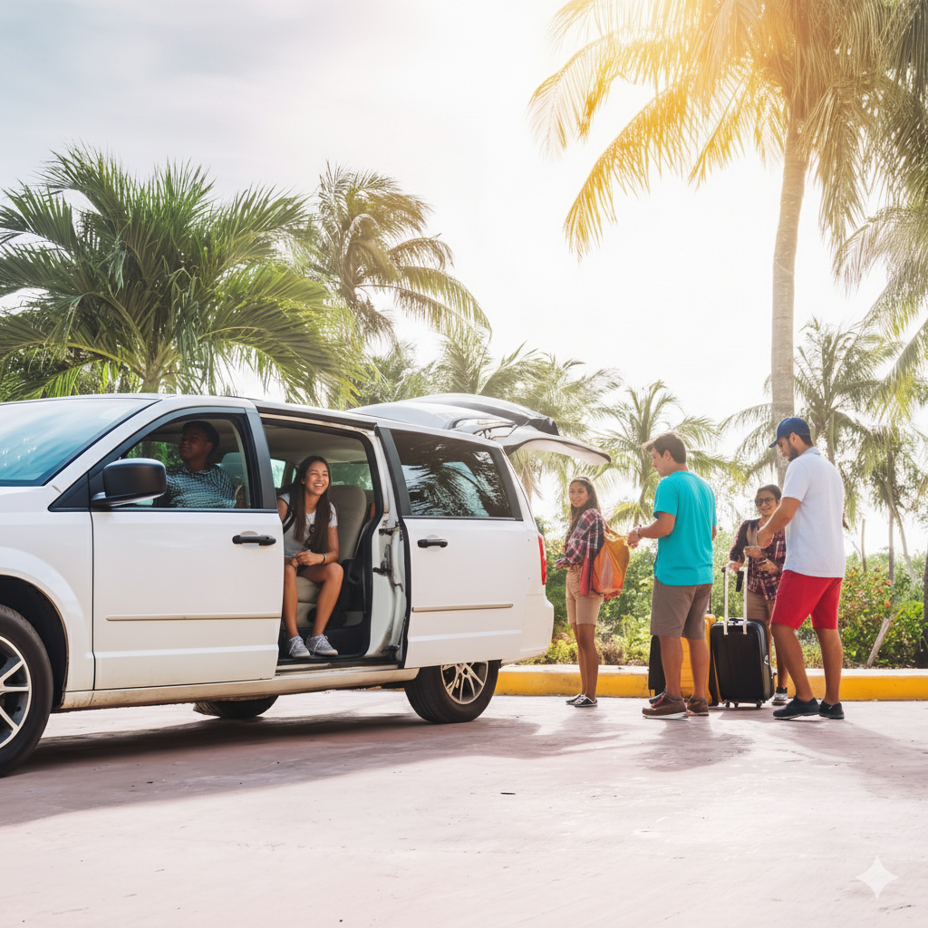 Van blanca de servicio compartido en la Riviera Maya