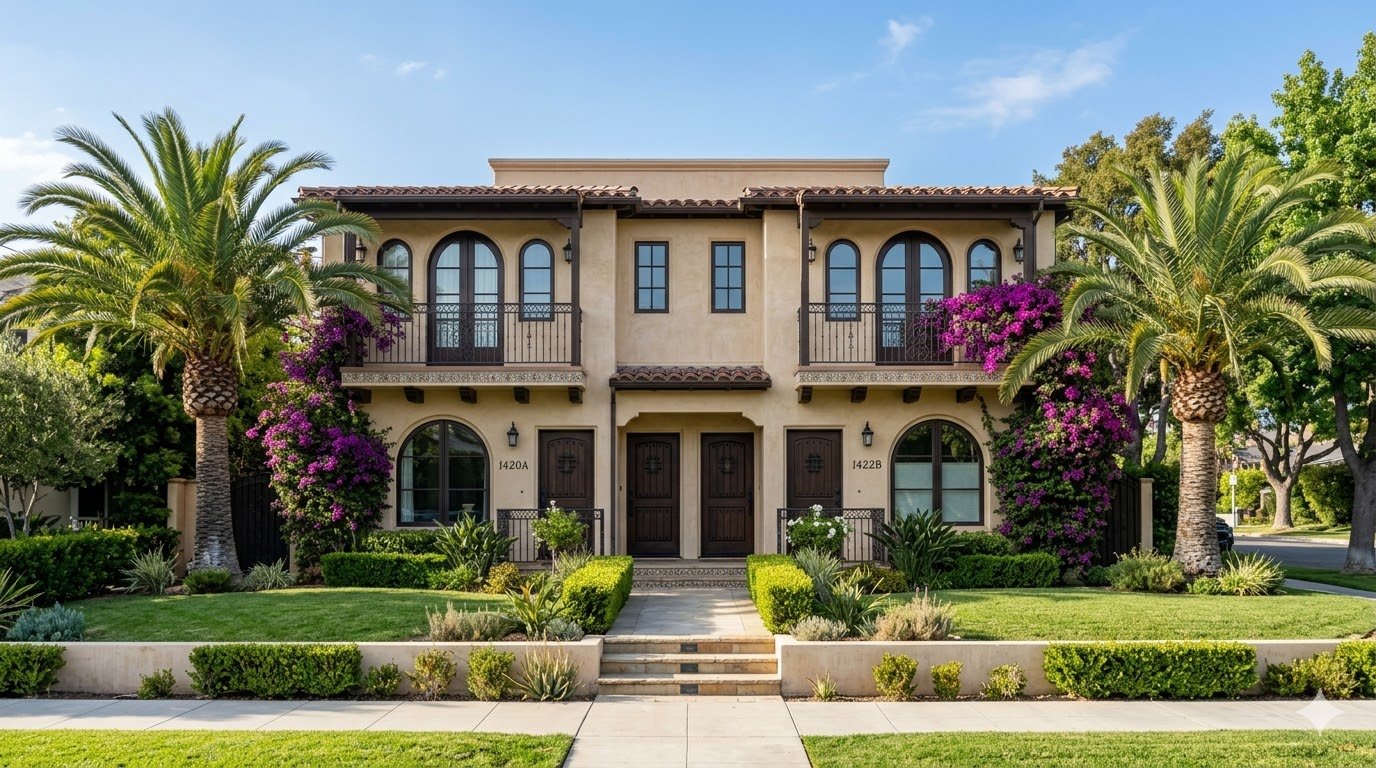 Well-maintained Spanish-style duplex apartment building on the Westside of Los Angeles with palm trees and bougainvillea landscaping
