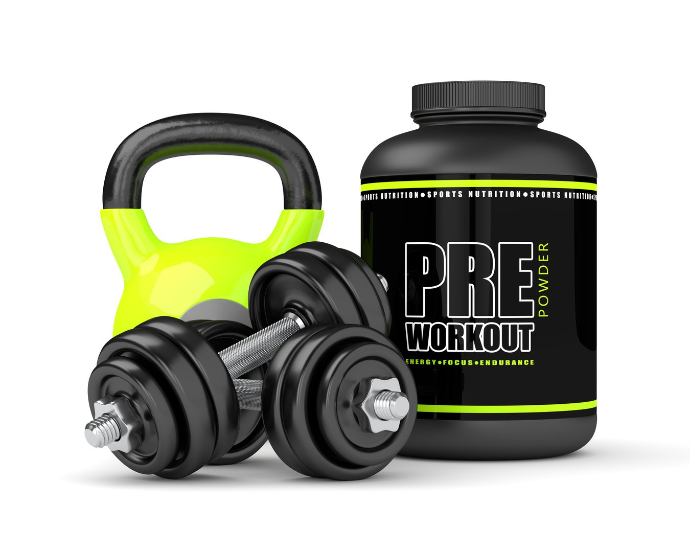 3d render of pre-workout powder with dumbbells and kettlebell isolated over white background