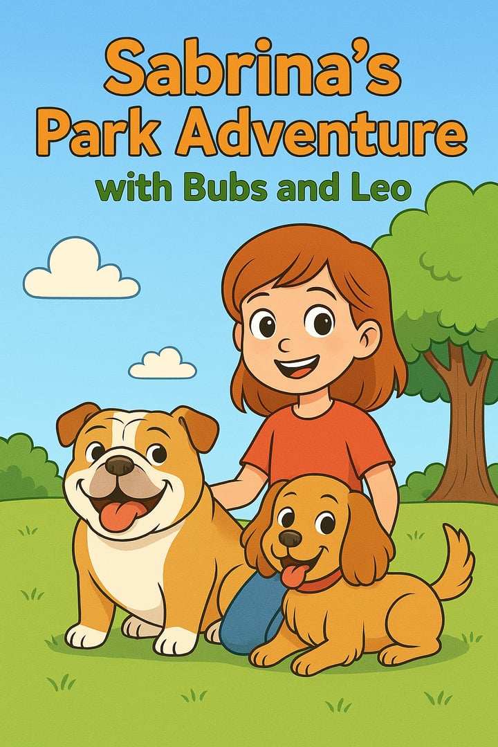 Illustration of a girl with two dogs in a park, with the text Sabrinas Park Adventure with Bubs and Leo above.