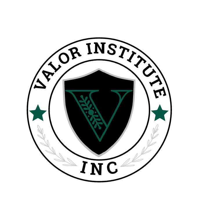 Logo featuring a black shield with a green 'V' and laurel inside, encircled by 'Valor Institute Inc' and two green stars.