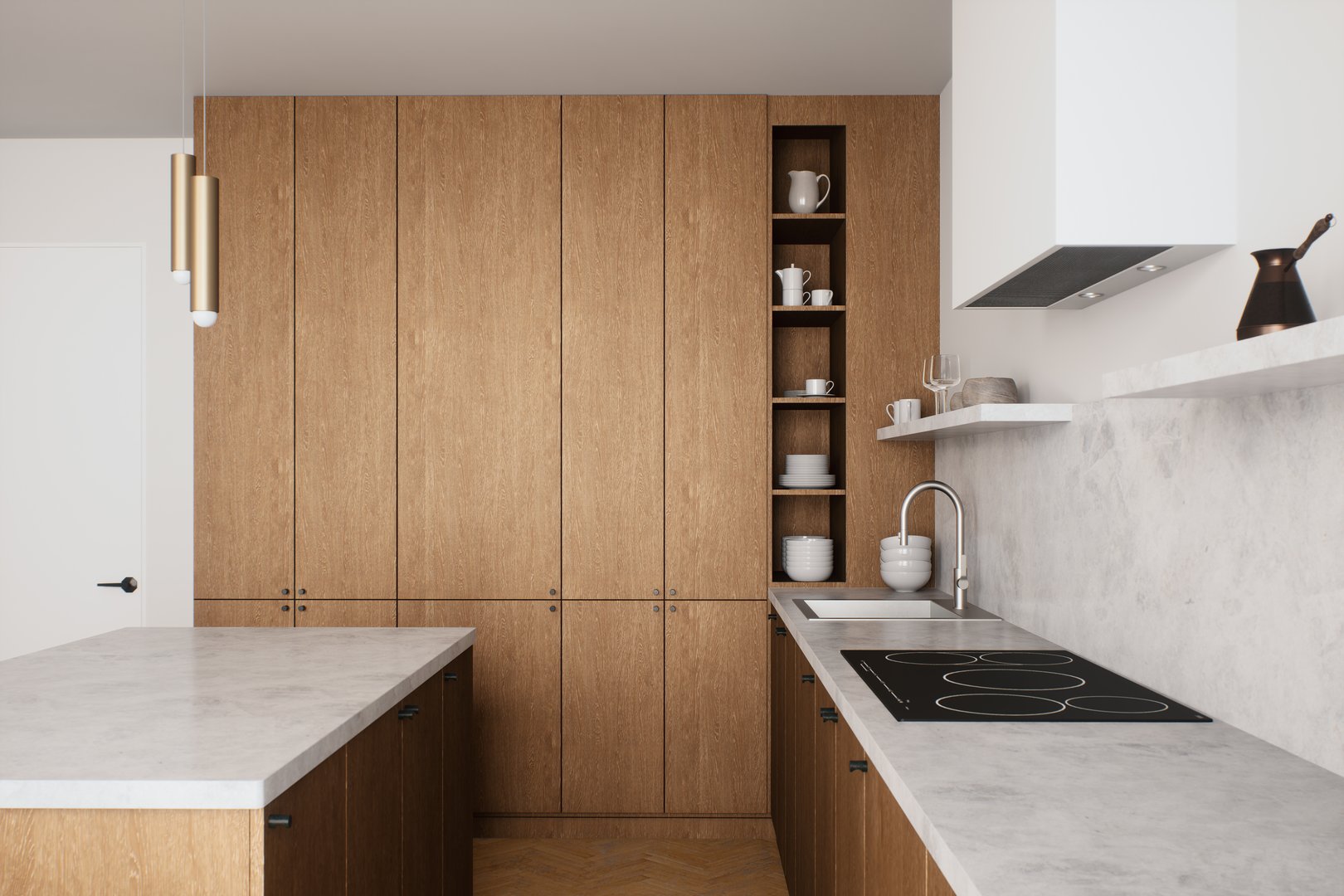 This stylish kitchen features wood cabinetry, a marble countertop, and minimalist design for a modern ambiance. 3d render