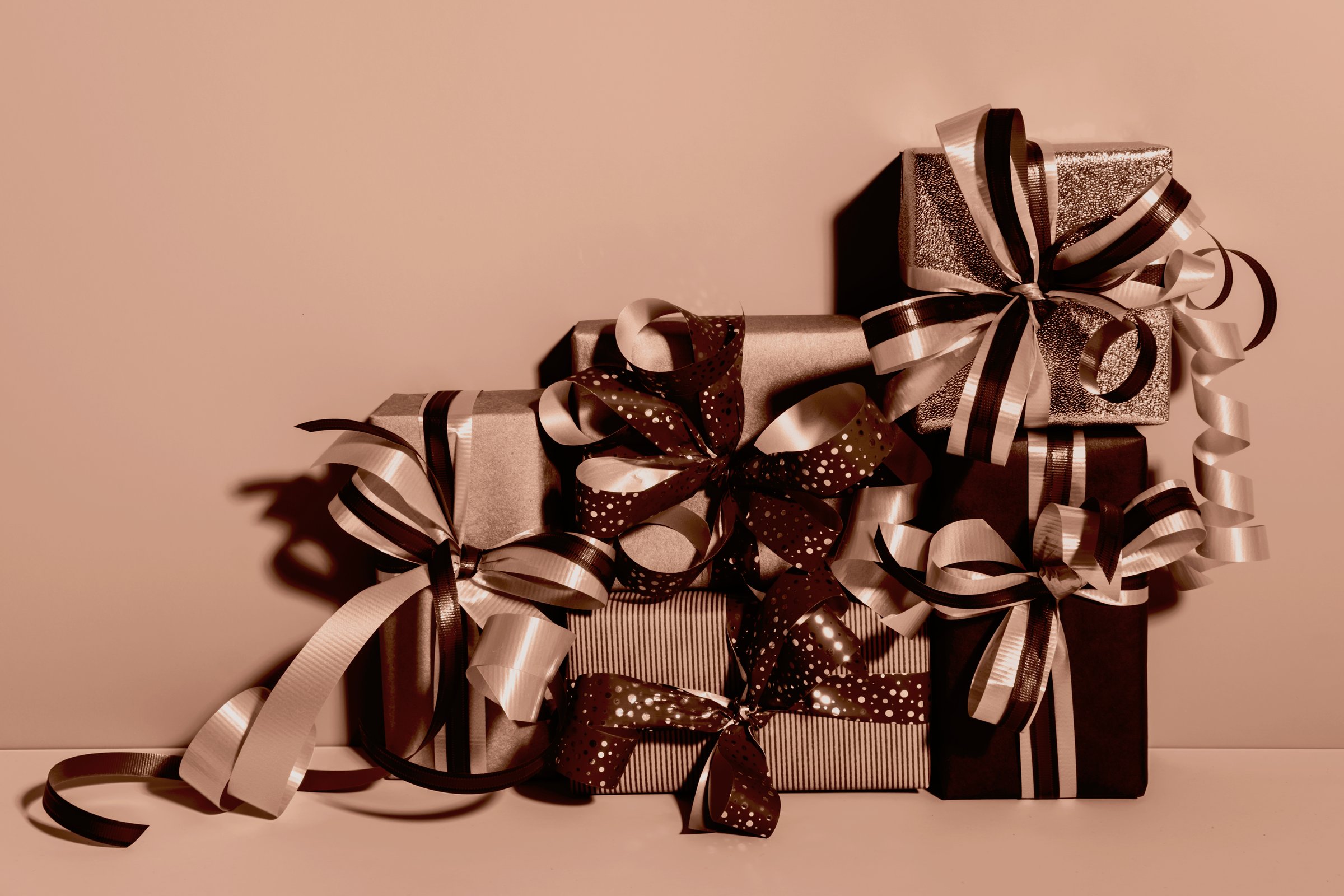 Gift boxes set in mocha mousse shades. Holiday Shopping concept.