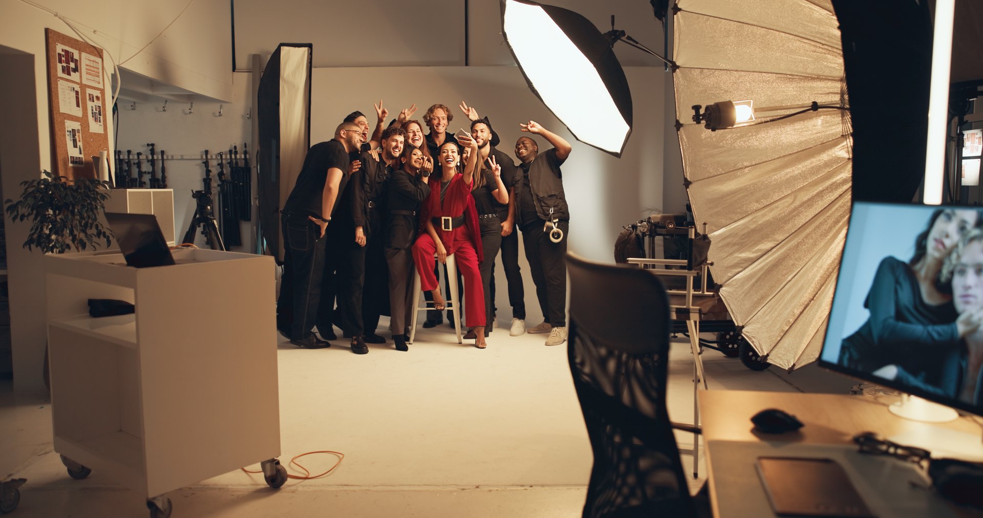 People, model and selfie for photoshoot in studio, profile picture update and production process. Team, photography and behind the scenes of peace sign, social media post and casting of collaboration