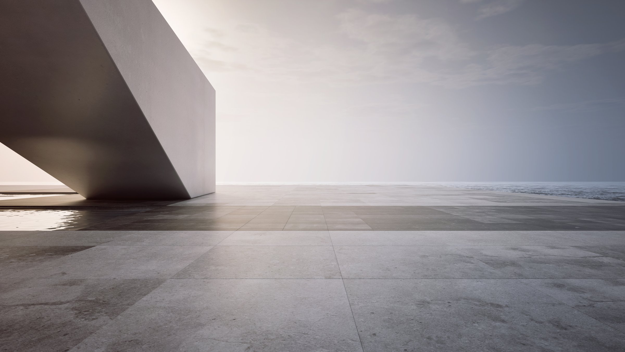 3d rendering of abstract gray building with sea and clear sky background.