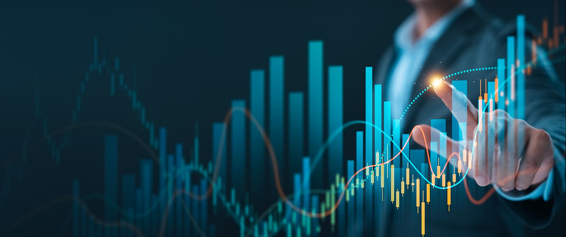 Businessman touching economic growth chart graph, business development leading to success, analyzing company growth data, accounting, more efficiency plan and business strategy development.