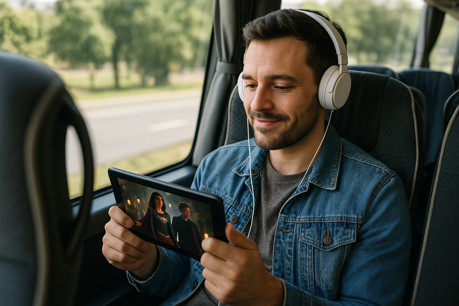A man wearing headphones watches a show on a tablet while sitting on a bus, smiling. Trees are visible outside the window.