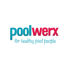 Logo with poolwerx in blue and red text, and the tagline for healthy pool people in smaller blue text below.