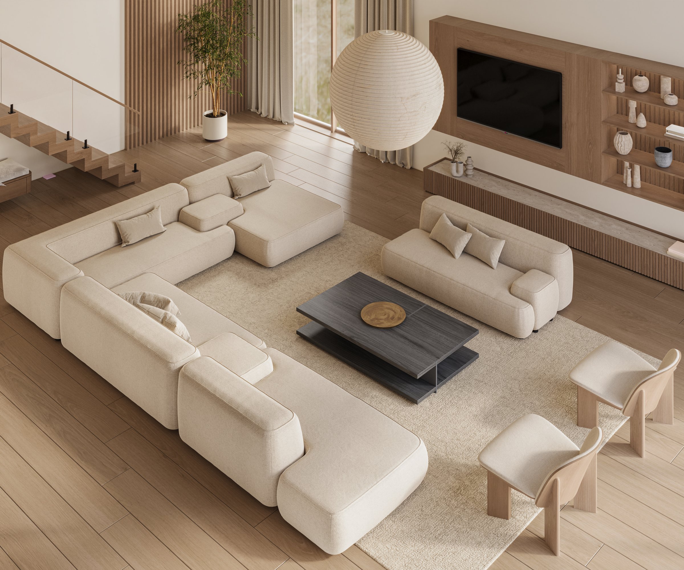 Open space living room and kitchen interior with large windows, TV wall, gray sofa, wood panels and stairs. Modern design solution