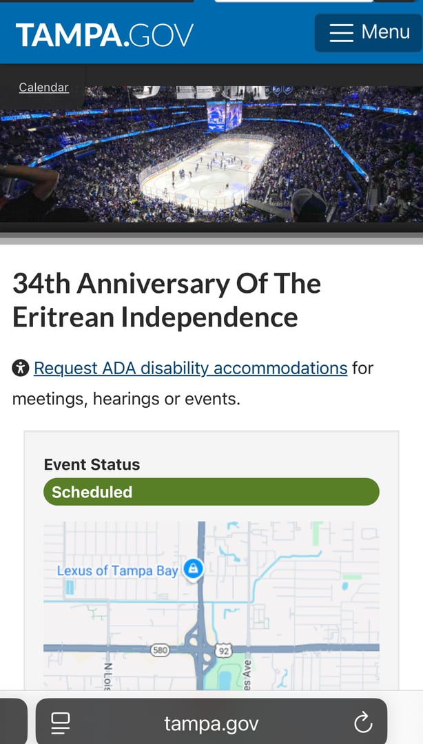 Tampa.gov webpage showing Eritrean Independence event info with a map and arena image.