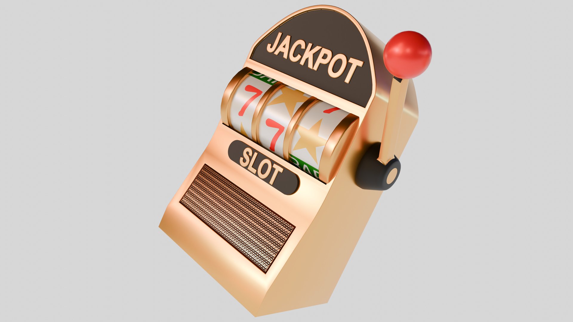A 3d rendering of classic slot machine with three spinning reels displaying the winning combination of 7s.