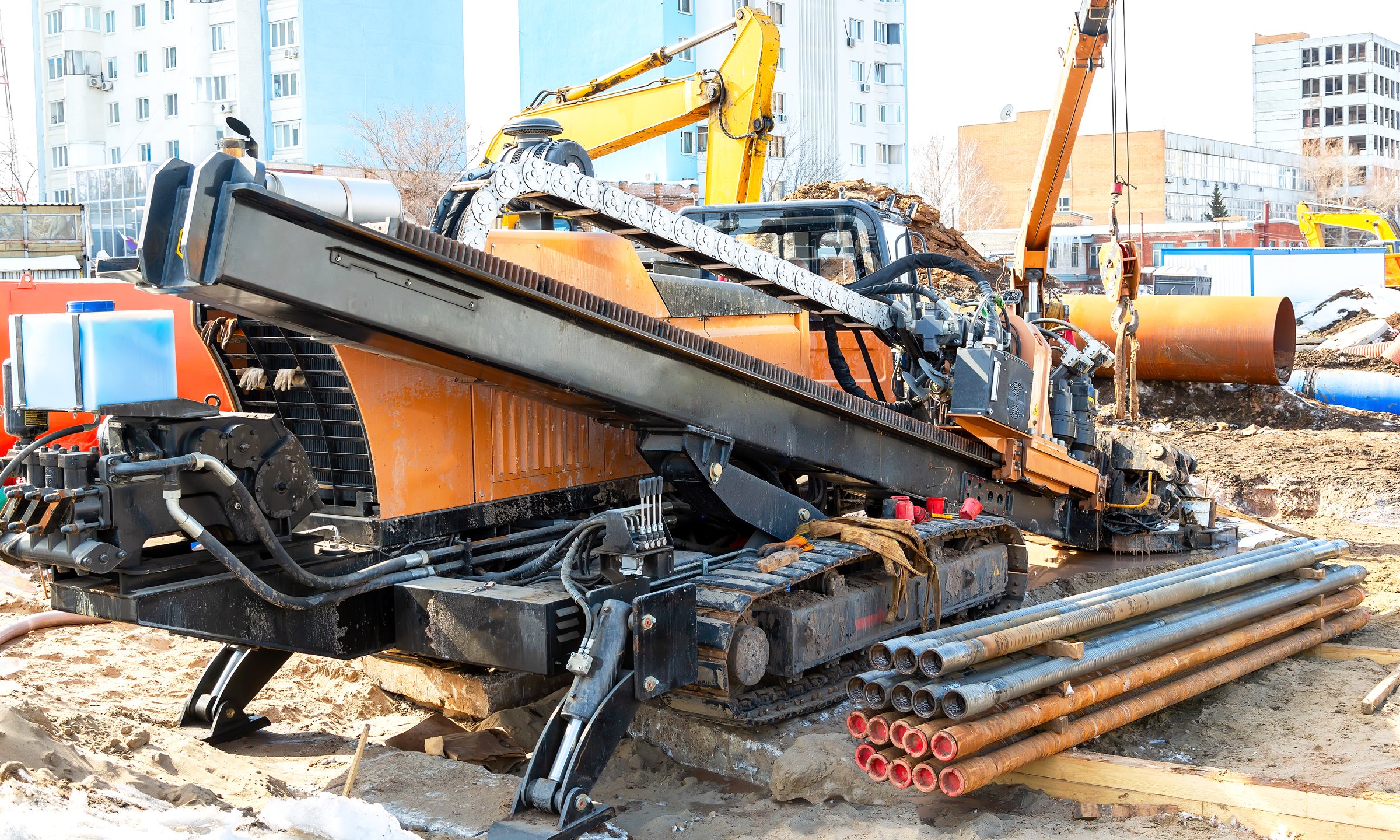Horizontal directional drilling machine. Trenchless method of installing underground utilities - pipe, conduit, or cables