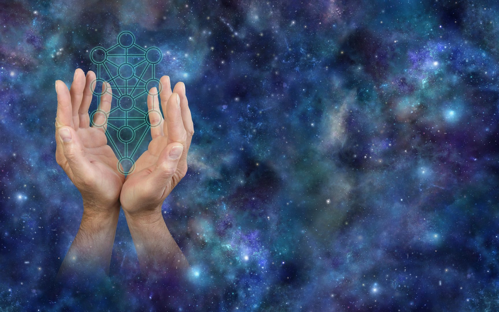male hands reaching up around the Kabbalah Tree of Life symbol outline against a cosmic deep space background