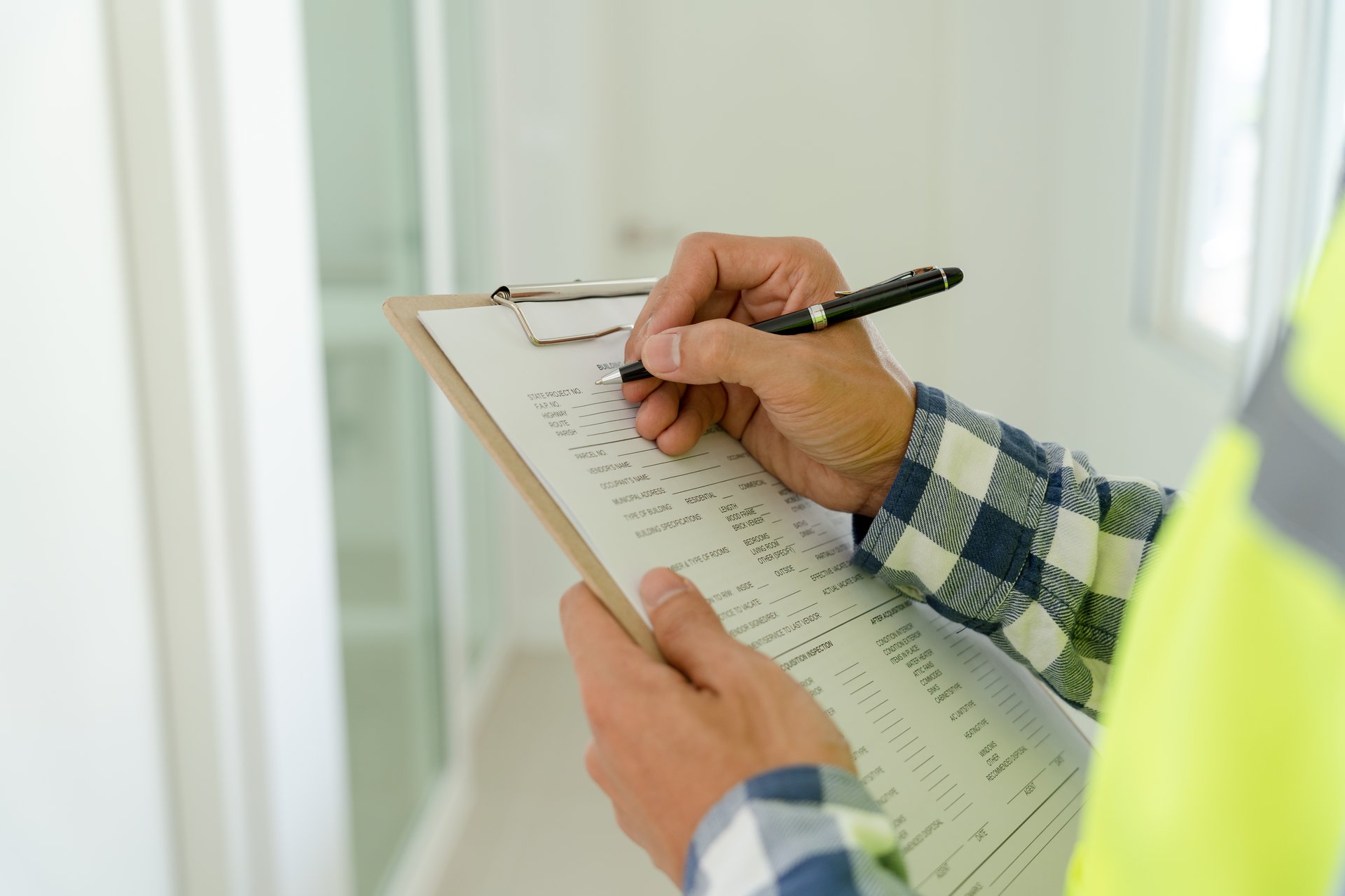Inspector or engineer is inspecting construction and quality assurance new house using a checklist. Engineers or architects or contractor work to build the house before handing it over to the homeowner