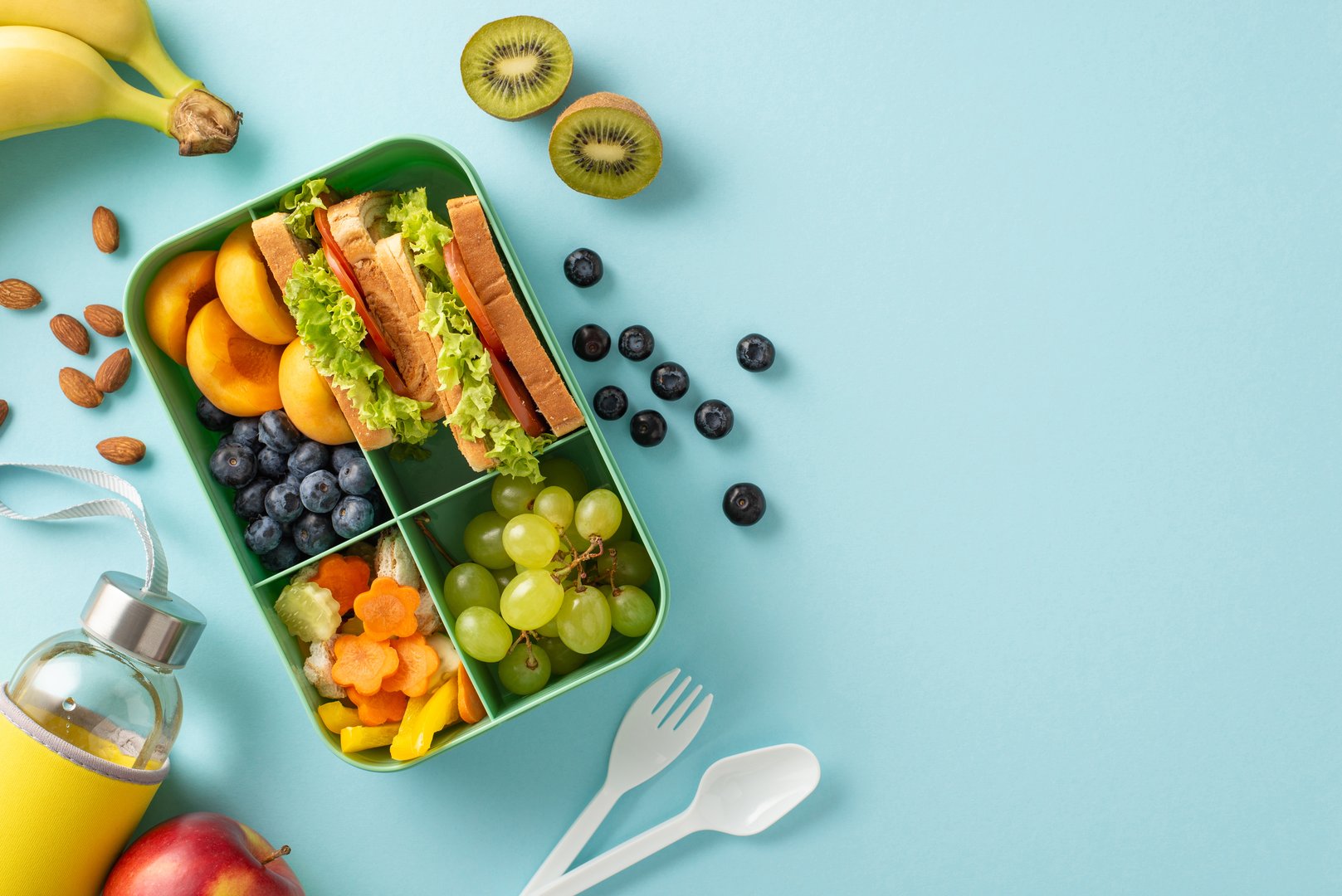 Fuel up your mind: Top view image featuring lunch box with sandwiches, fruits and vegetables, water bottle on pastel blue isolated background, with copy-space available for text or promotional content