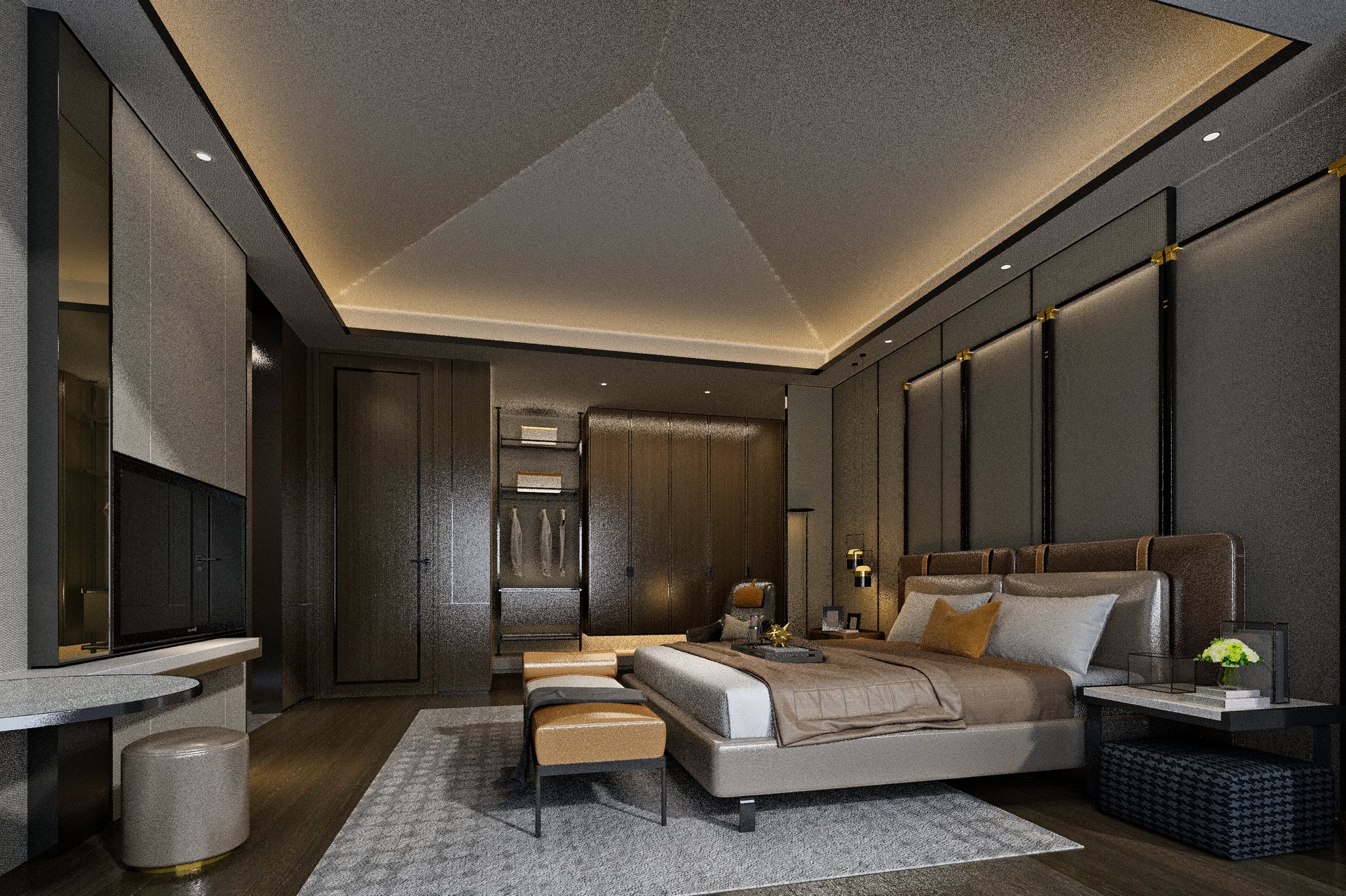 elegant luxury bedroom, hotel room, 3d rendering