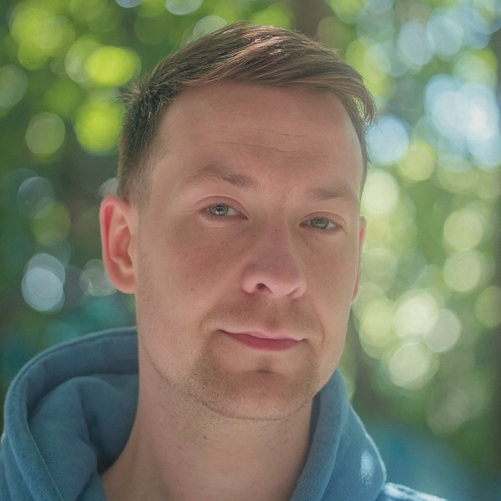 A person with short brown hair and a blue hoodie stands outdoors against a background of blurred green foliage.