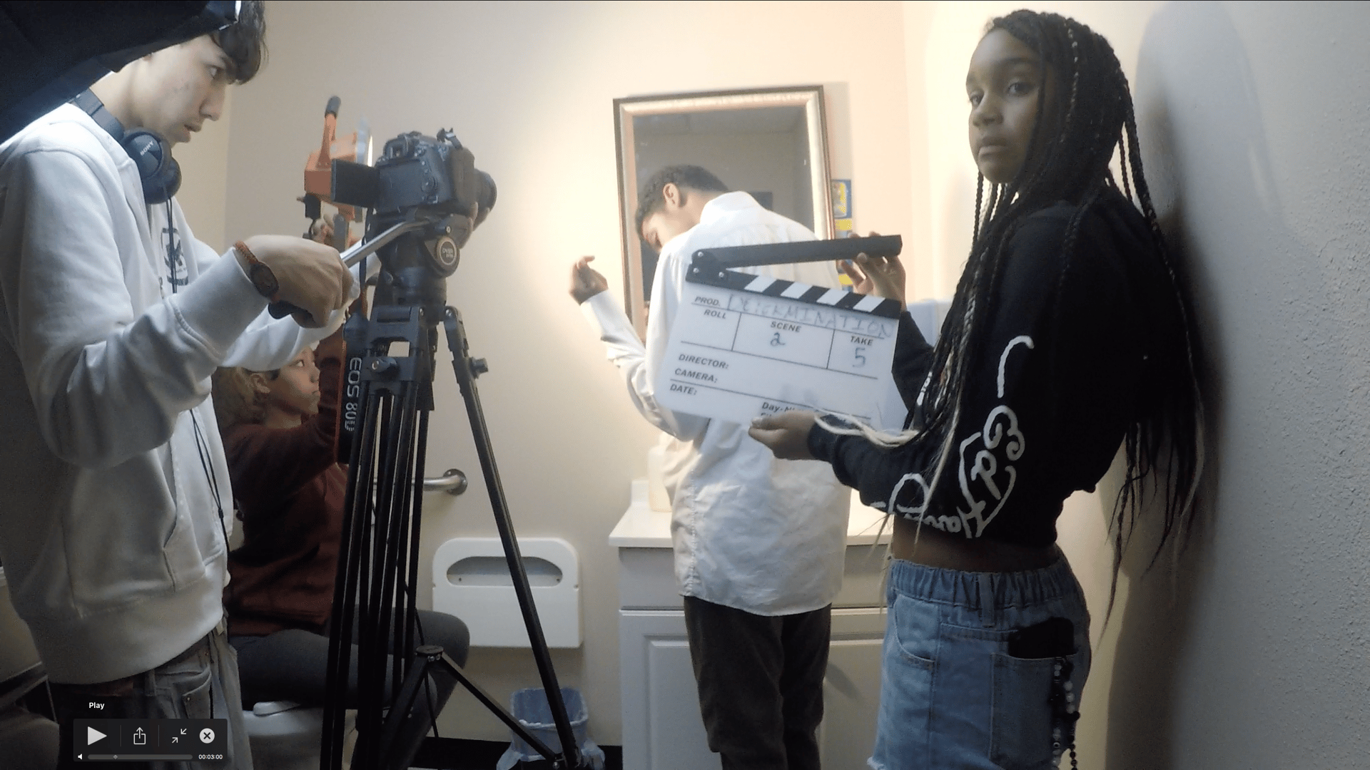 Film production setting showing equipment and creative workspace