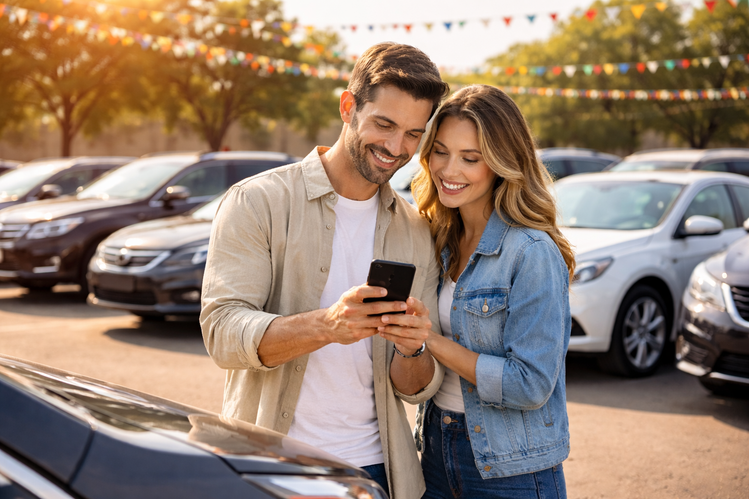 Customer using smartphone at car dealership