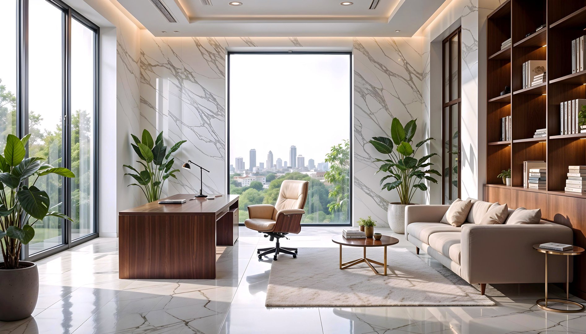 An ultra-modern, luxurious office room for a perfect luxurious yet calm workspace. The room's overall feel is one of peaceful productivity, luxury, and comfort, balancing modern aesthetics.