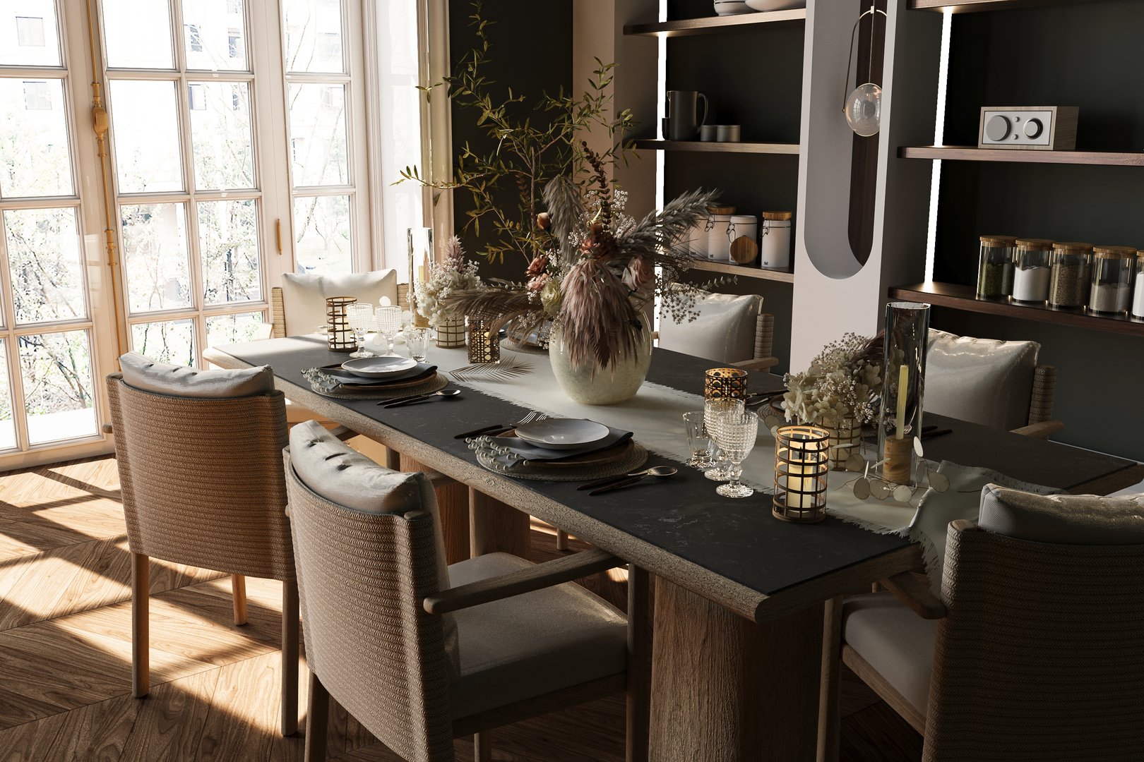 3D rendering of a dining area in modern kitchen