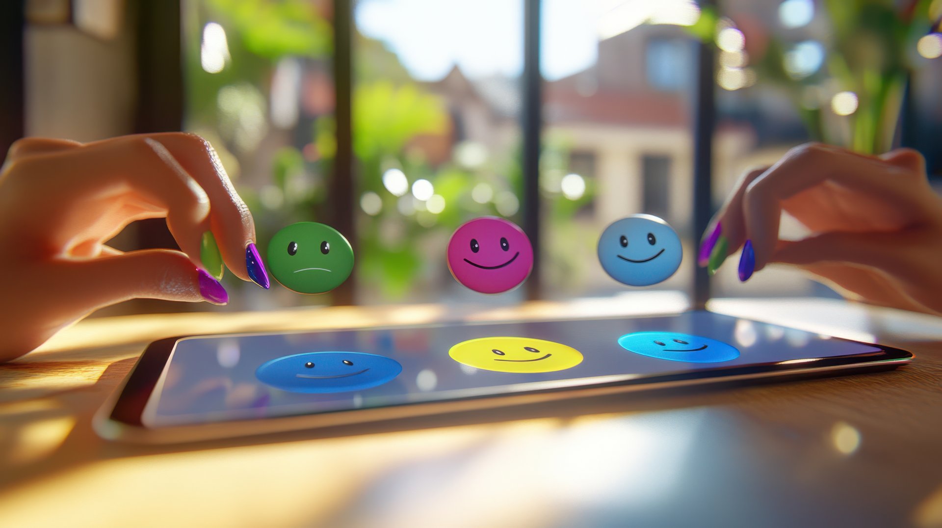 Colorful smiley face icons hovering above a tablet on a table, with hands reaching towards them, in a sunlit room.