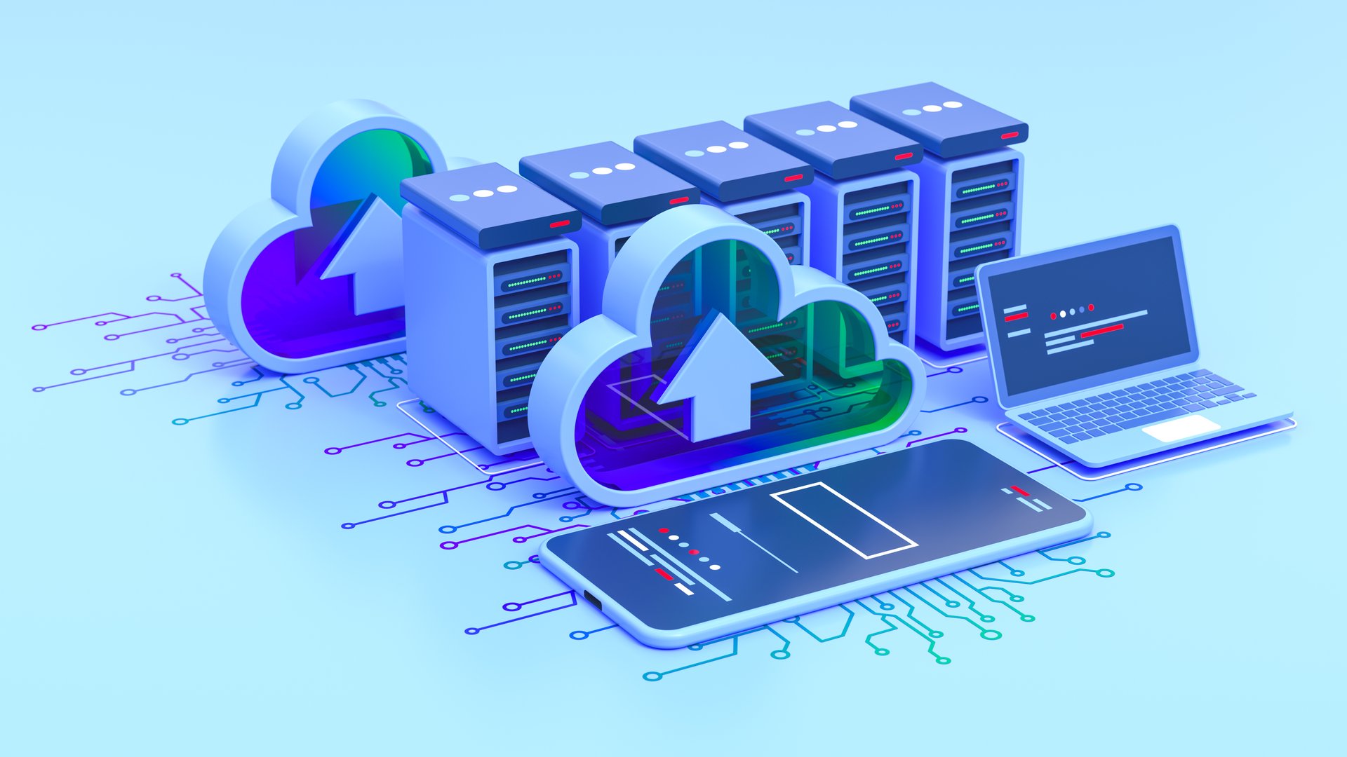 Cloud computing, server racks, data center, cloud storage icon, 3D illustration, isometric view, blue color scheme, technology concept, digital infrastructure, network servers, cloud upload symbol, stylized graphics, minimalist design, futuristic, clean aesthetic, soft lighting, smooth textures