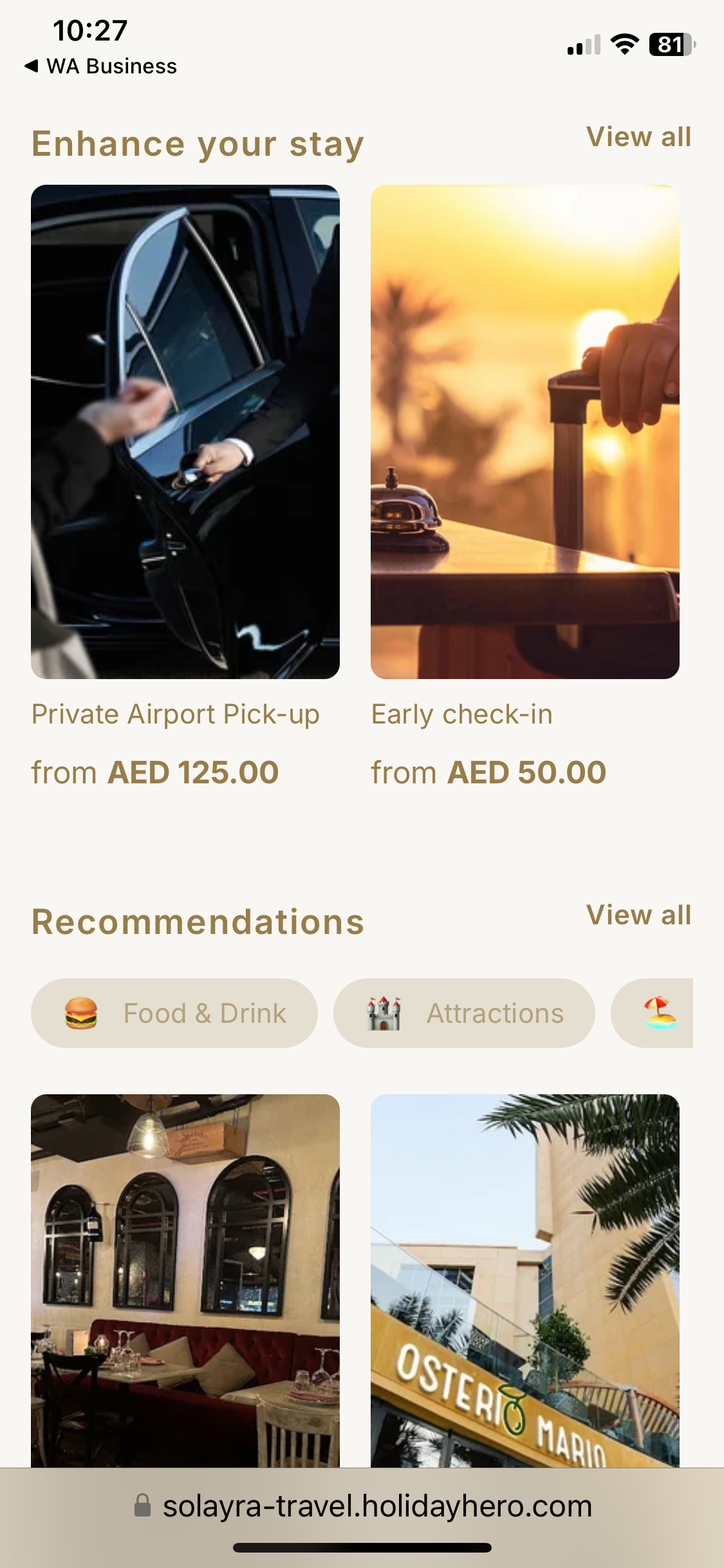 Travel app screen showing options for private airport pick-up and early check-in, with pricing starting from AED 125 and AED 50.
