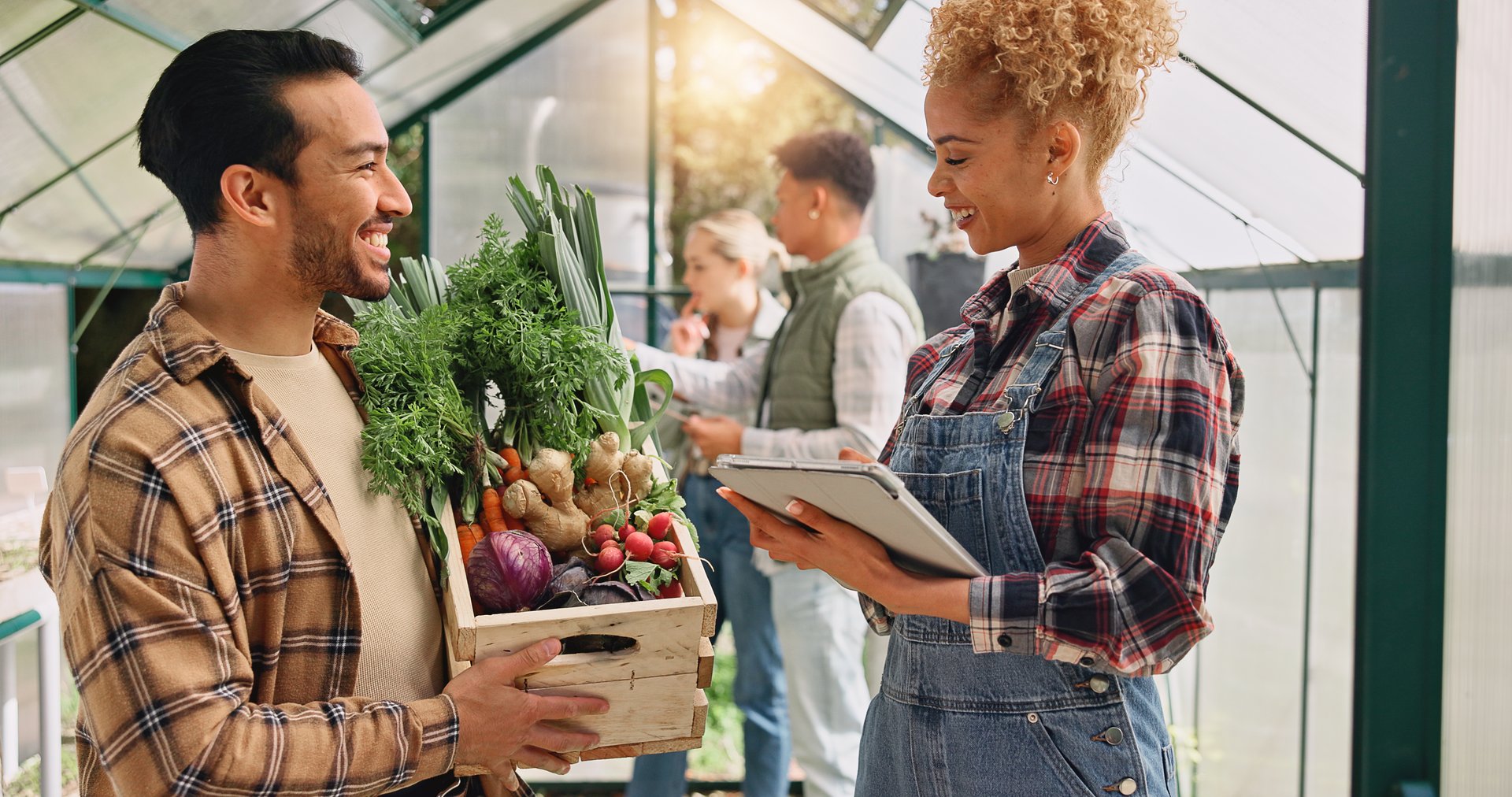 Happy, tablet and people with vegetables on farm with inspection for plants, crops and harvest food. Agriculture, greenhouse and man and woman on digital tech for inventory, checklist and growth
