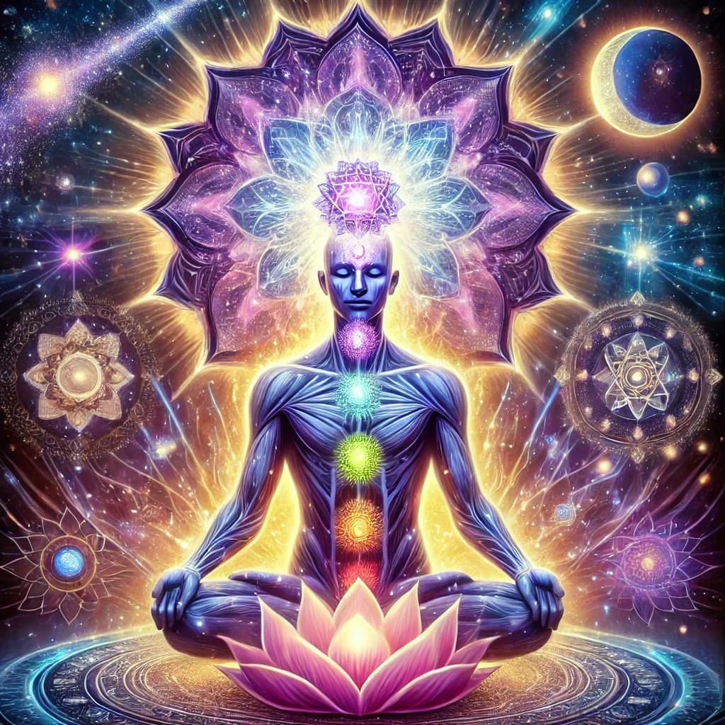 Meditating figure with chakras and lotus, surrounded by cosmic patterns and celestial bodies, symbolizing spiritual energy.