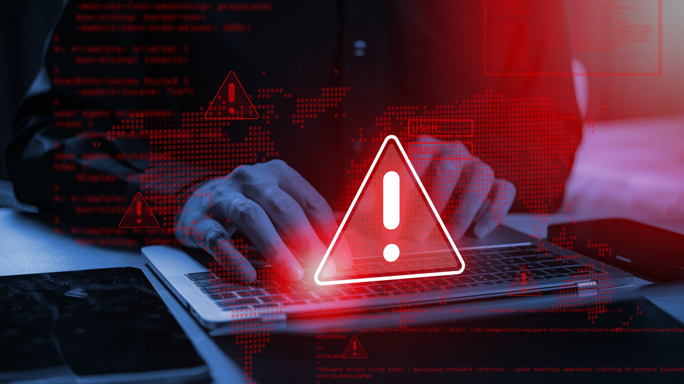 System warning: hacked alert! Cyberattack on computer network. Cybersecurity vulnerability, data breach, illegal connection, compromised information. Malicious software, virus, and cybercrime.