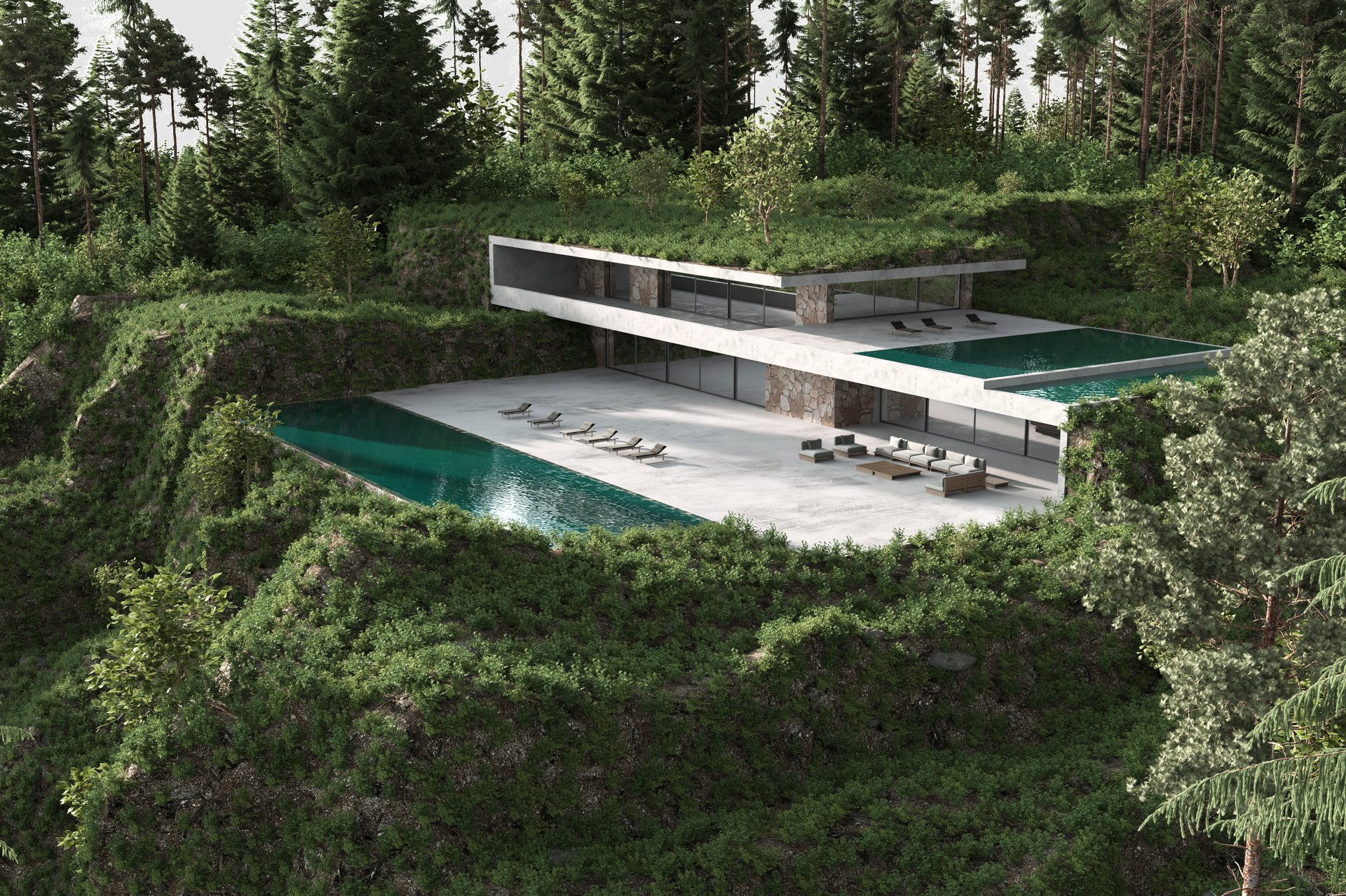 Modern building house with terrace and swimming pool on beautiful mountains, green forest panoramic view. Contemporary architecture design. Nature, beautiful landscaping. Realistic 3D render exterior.