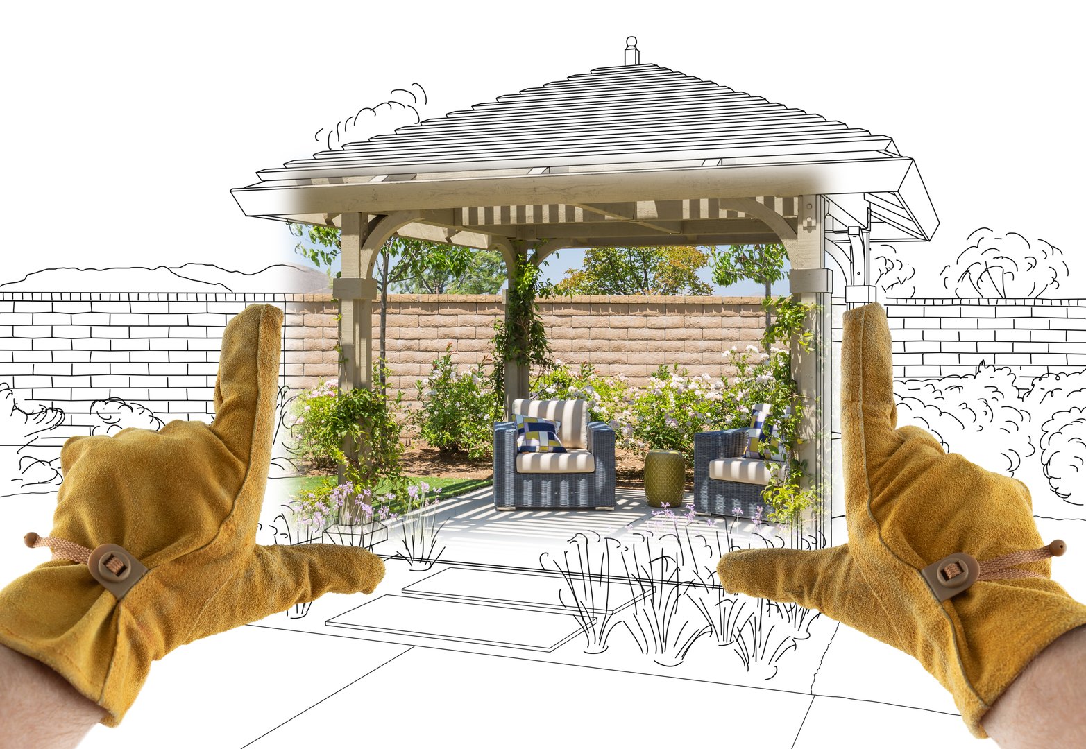 Male Contractor Hands Framing Completed Section of Custom Pergola Patio Cover Design Drawing.