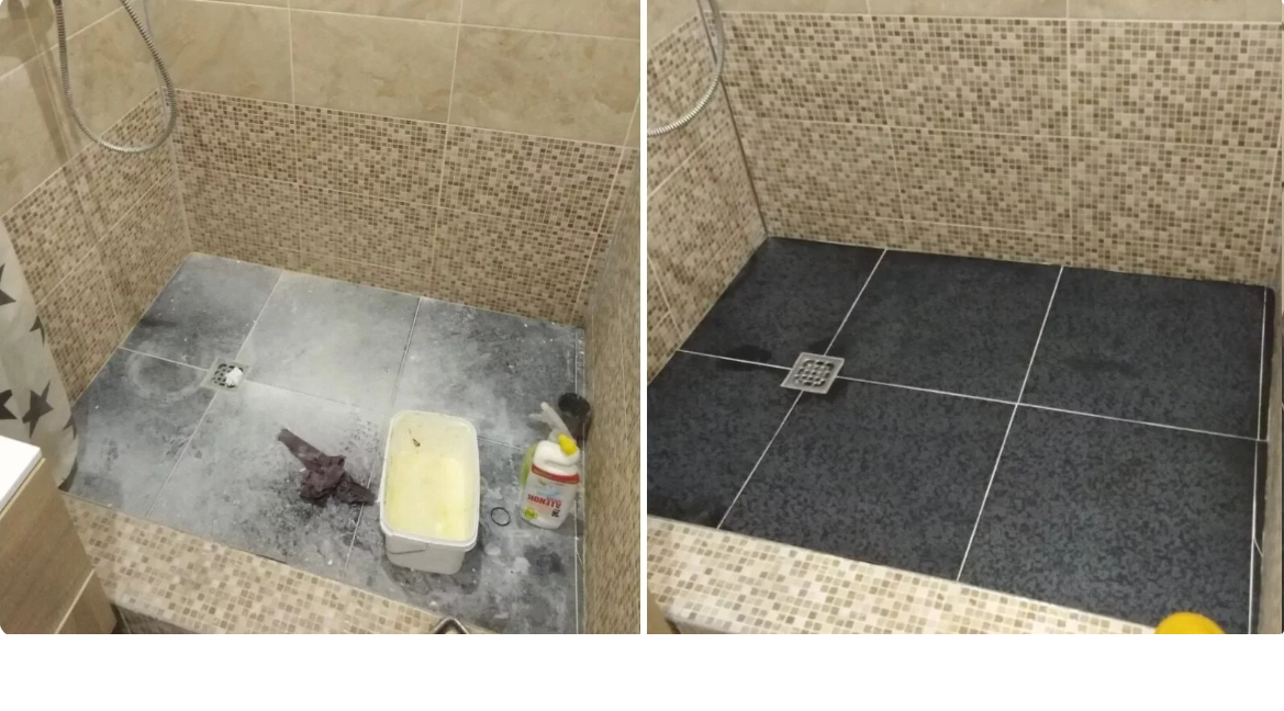 Side-by-side comparison of a shower renovation showing before and after images of tile replacement and cleaning.