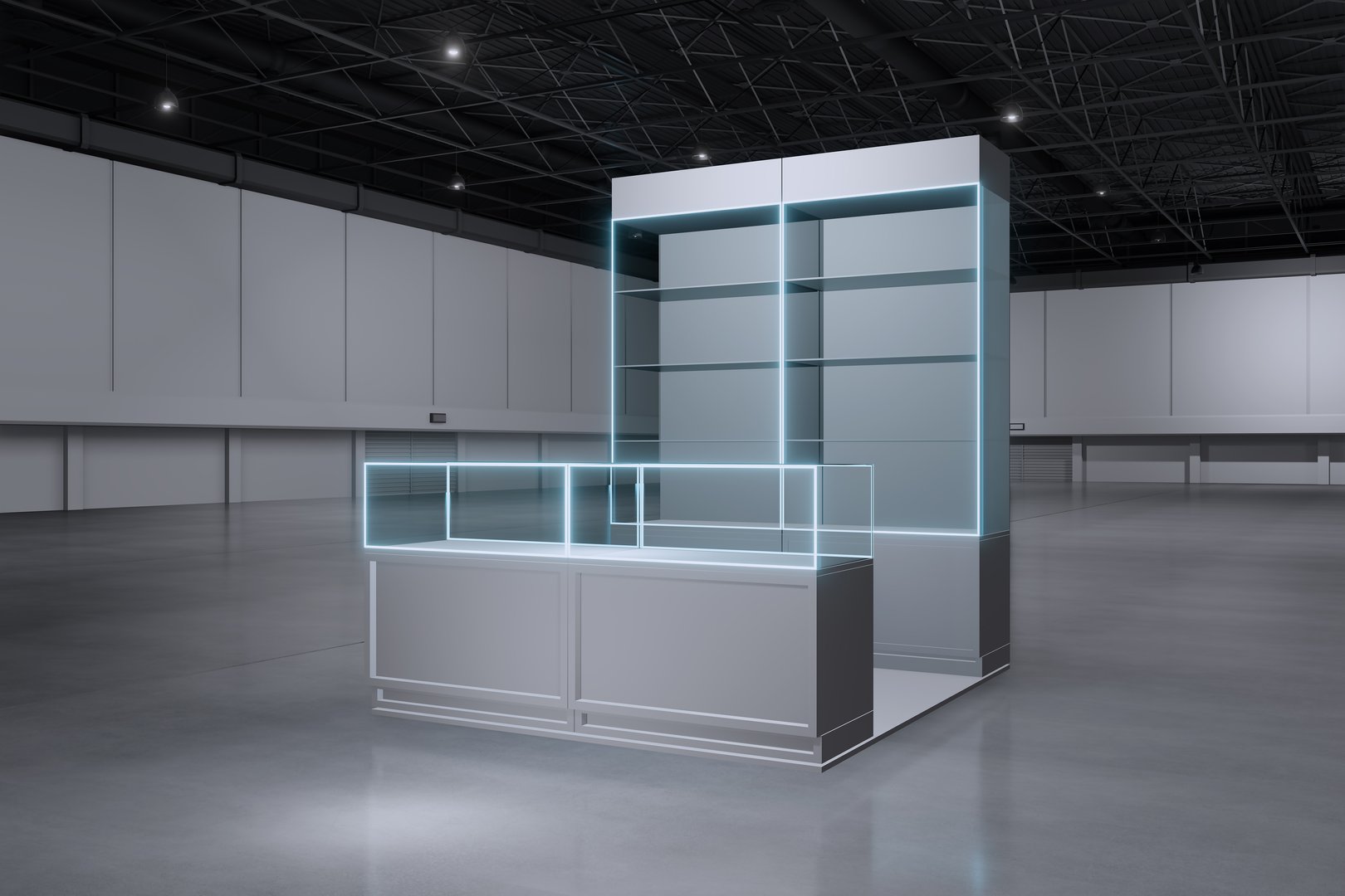 Exhibition stand for mockup and Corporate identity,Display design.Empty booth Design.Retail booth elements in Exhibition hall.booth Design trade show.Blank Booth system of Graphic Resources.3d Background for online Event,conference,live.3d render.