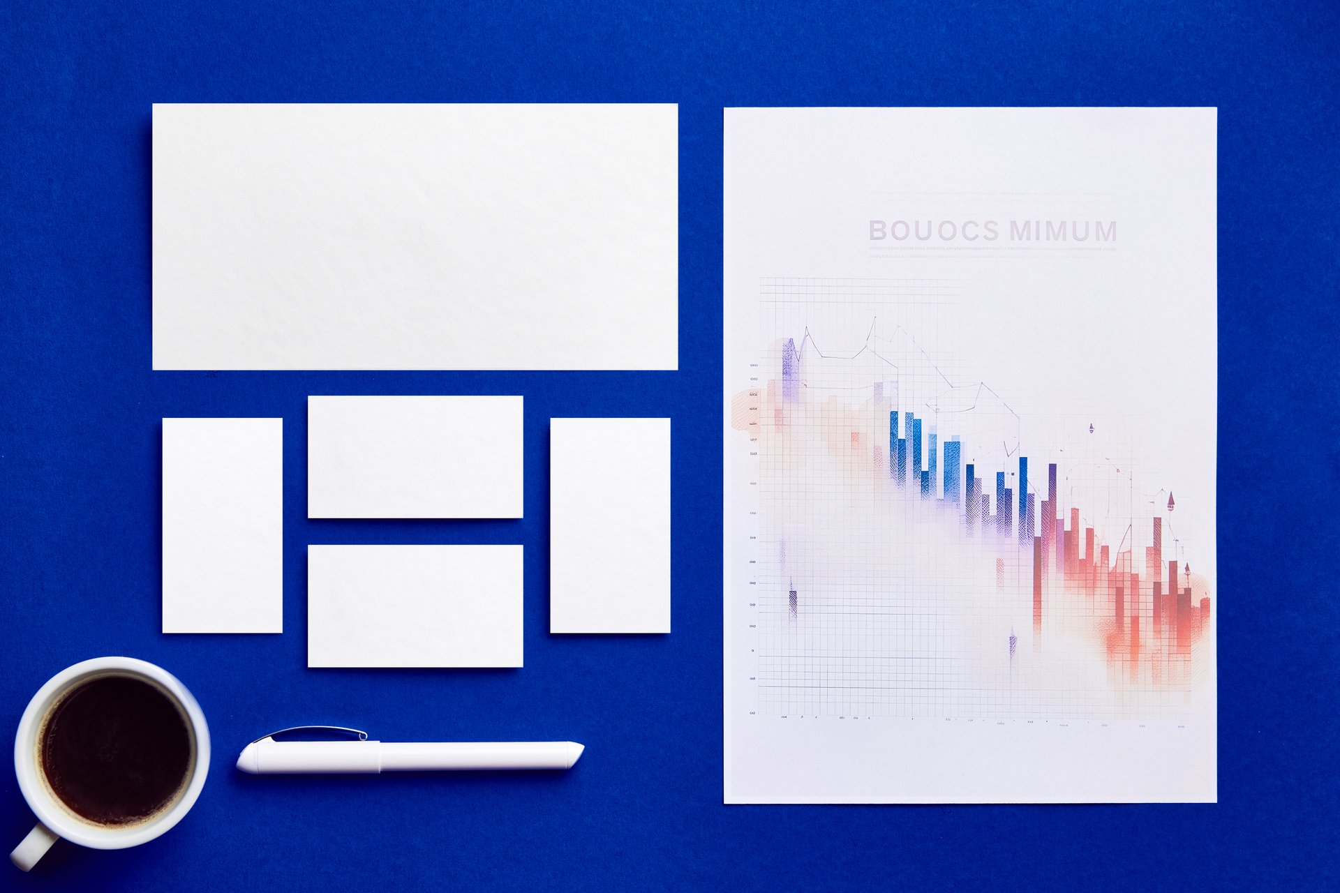 Premium Corporate Identity Template Set. Business stationery layout with logo template. Set of pen, envelope, card, paper, etc over indigo blue background with cup of coffee. Concept of occupation.