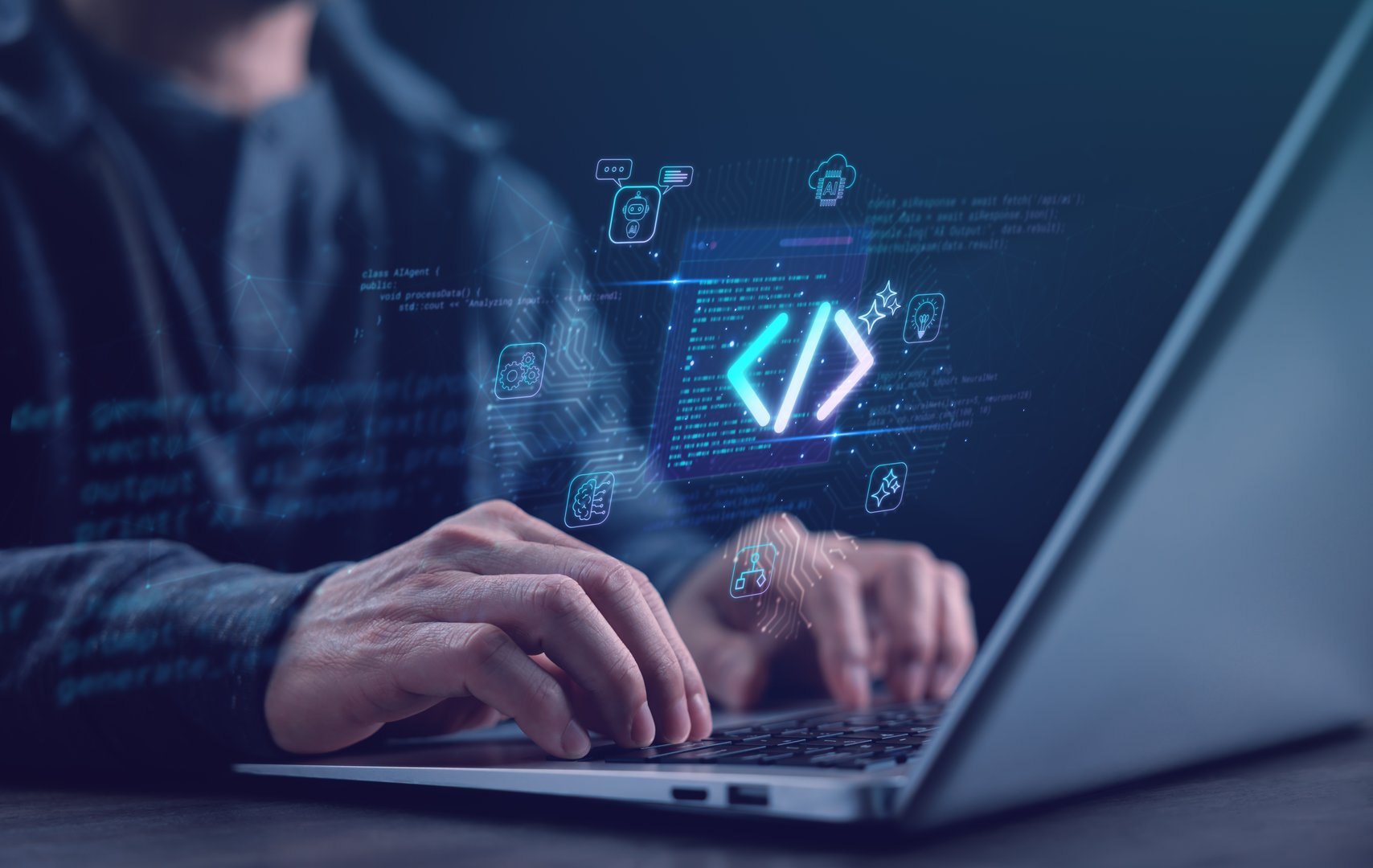 Software developer typing code on laptop with glowing AI and programming symbols, representing coding, software engineering, artificial intelligence, and innovation in digital technology.