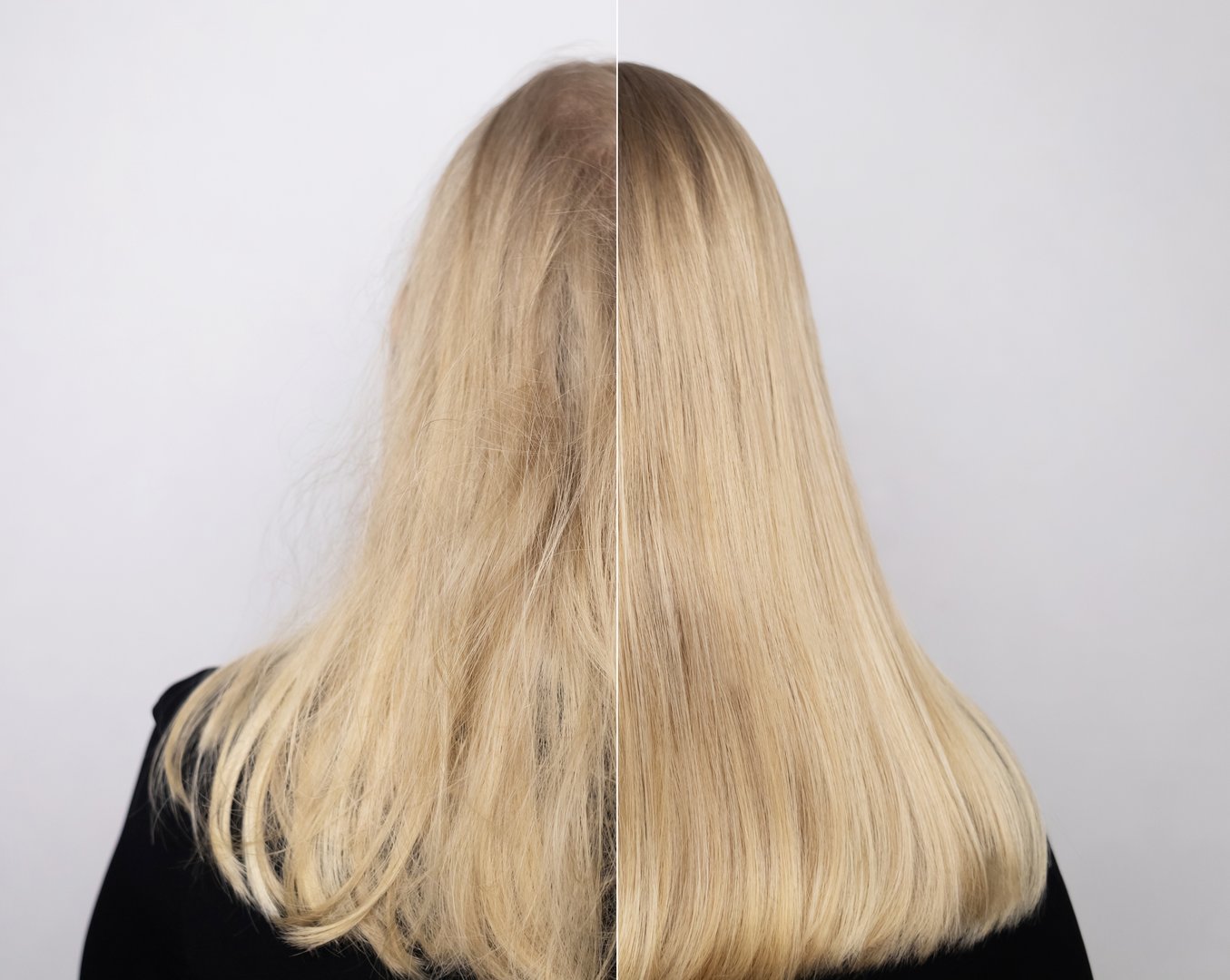 Hair straightening in a beauty salon, using conditioner, keratin, lamination. Tangled and straight hair. Before and after photos.