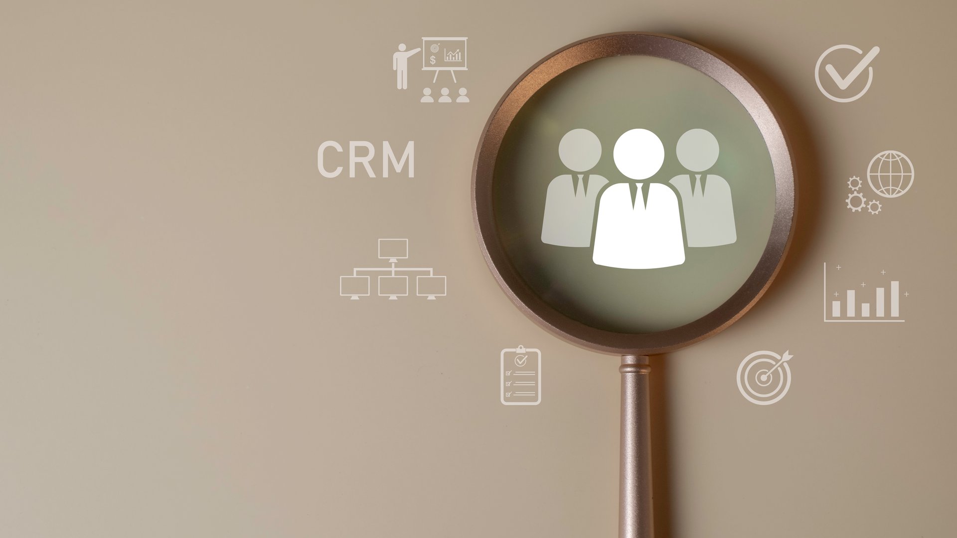CRM customer relationship management concept with magnifying glass focus on business team, representing client data analysis, marketing automation, customer retention, and digital business strategy.
