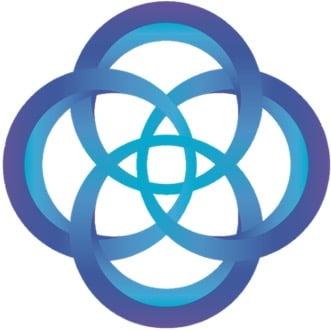 Interlocking blue gradient rings forming a geometric, symmetrical design resembling a flower on a white background.