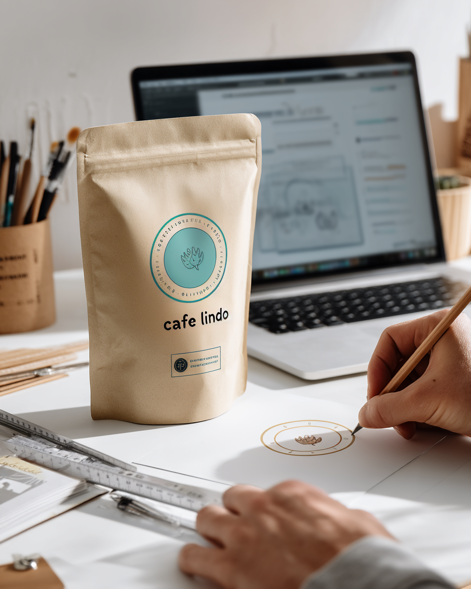 A person sketching a logo on paper beside a coffee bag labeled cafe lindo with a laptop in the background.