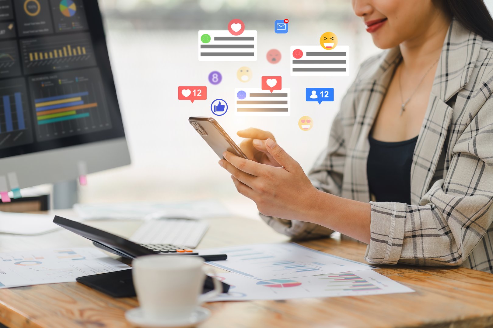 Beautiful young woman enjoy with social media on mobile phone with notification icons of like, message, comment above smartphone screen.