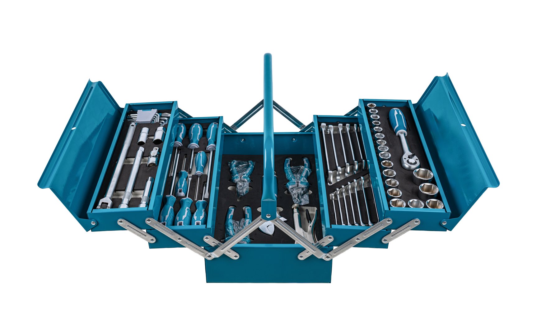 Opened toolbox with tools isolated on white background.
