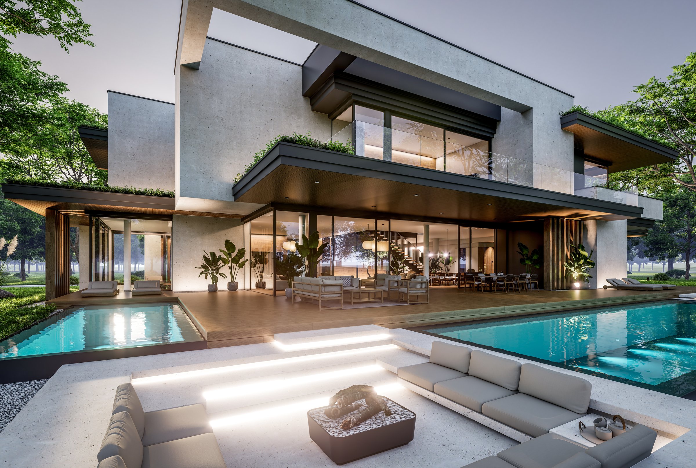 3d rendering of two-story house with parking and pool for sale or rent with concrete facade and beautiful landscaping on background. Clear summer evening with cozy light from window