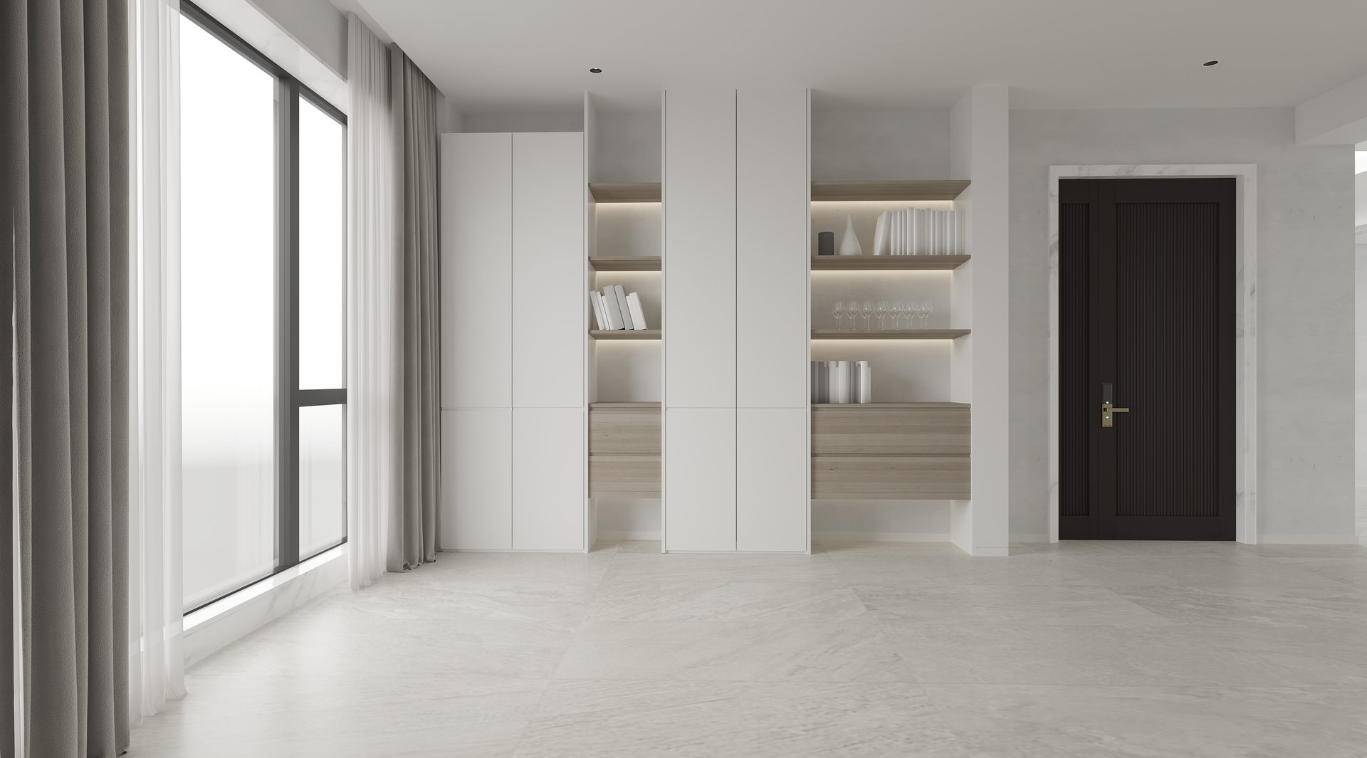 Minimalist Living Room Interior with Built-in Shelf and Curtain Window