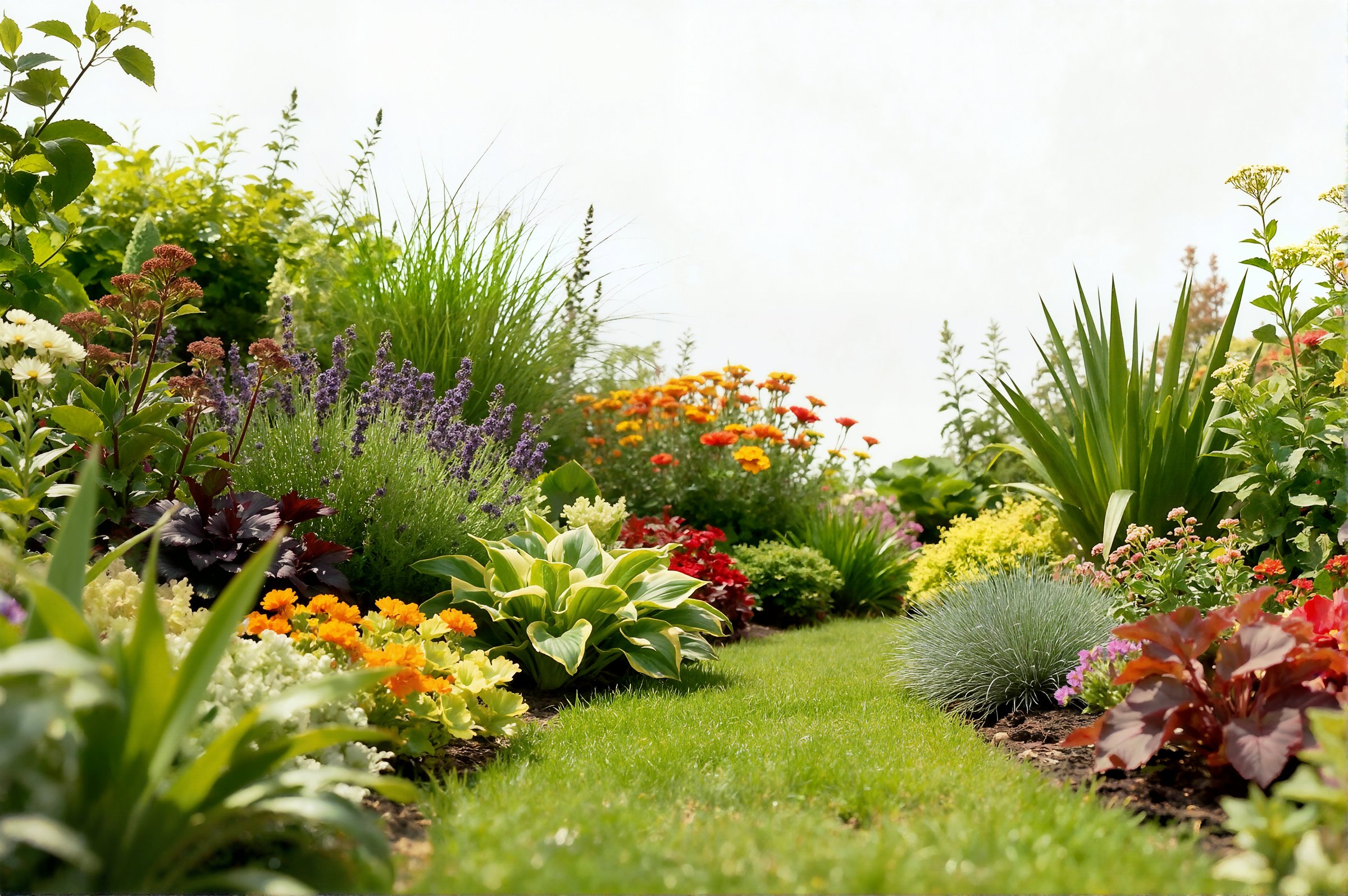 Lush colorful garden border with flowers and shrubs