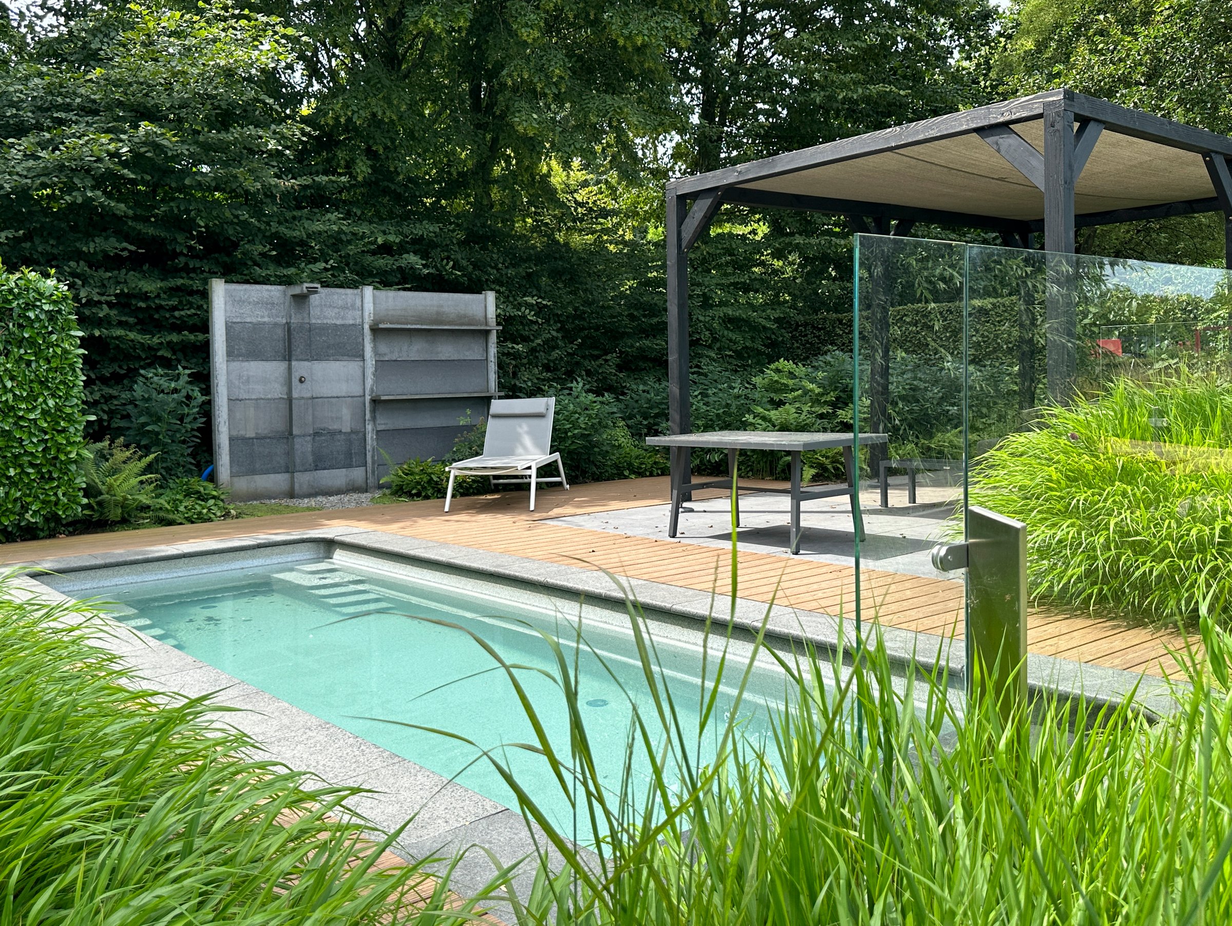 Wooden decking and ornamental grass border. Appeltern, Netherlands