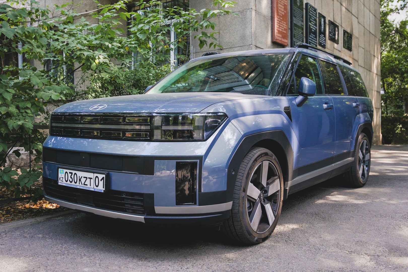 Almaty, Kazakhstan - July 15, 2025:  Blue Hyundai Santa Fe in a parking lot. Korean automaker